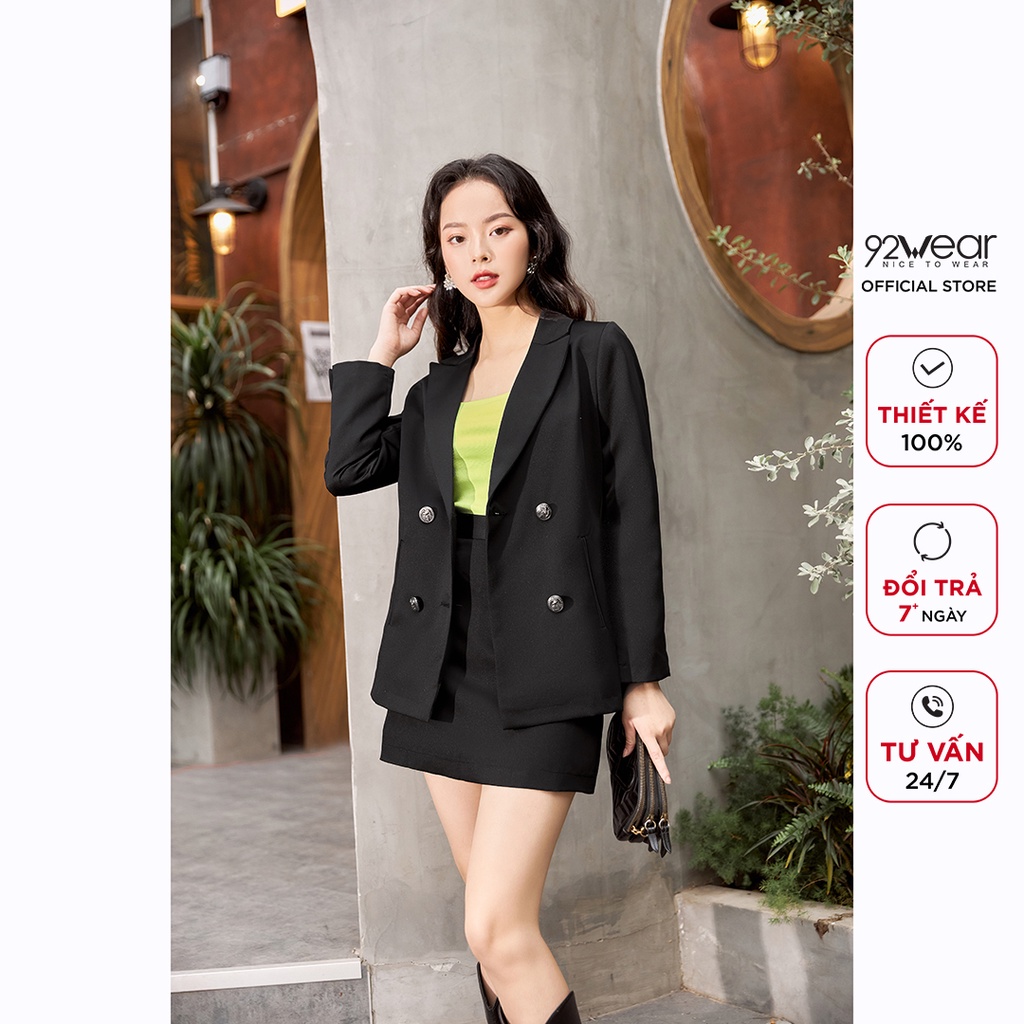 Áo vest blazer nữ 92WEAR thiết kế dài tay cổ bẻ hàn quốc thanh lịch, trẻ trung VDA2128