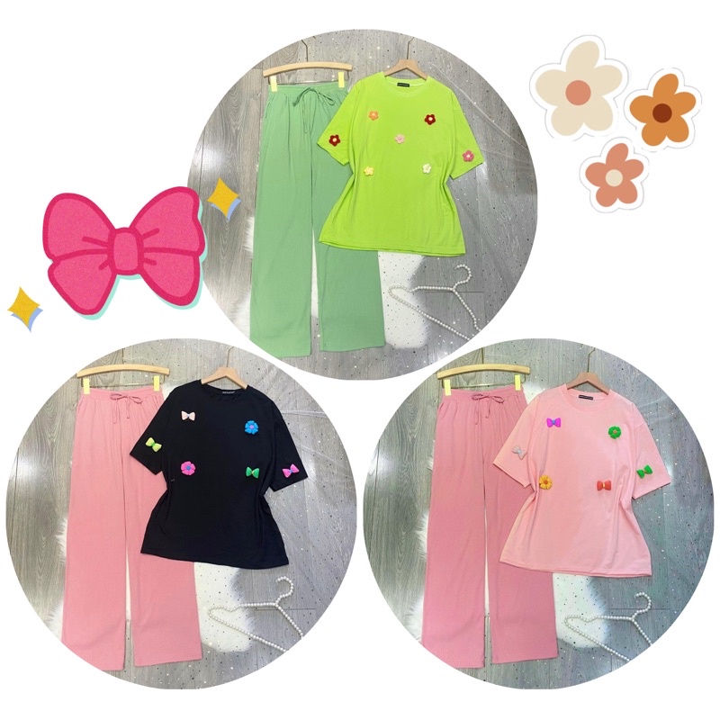 Set Bộ Quần Gân Suông Áo Thun Tay Lở Hoa Len Dệt Ảnh Thât