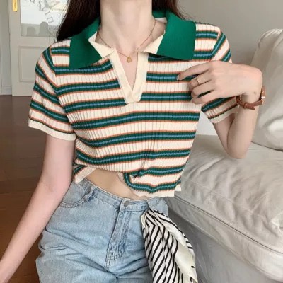 SUXI Áo Polo Dệt Kim Ngắn Tay Dáng Ôm Kẻ Sọc Kiểu Vintage Thời Trang Mùa Hè Năng Động