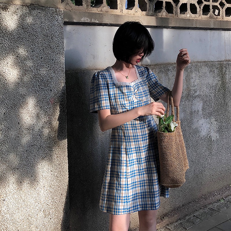 Xiaozhainv Đầm tay phồng ngắn cổ vuông họa tiết sọc caro thời trang Hàn Quốc dành cho bạn nữ | BigBuy360 - bigbuy360.vn