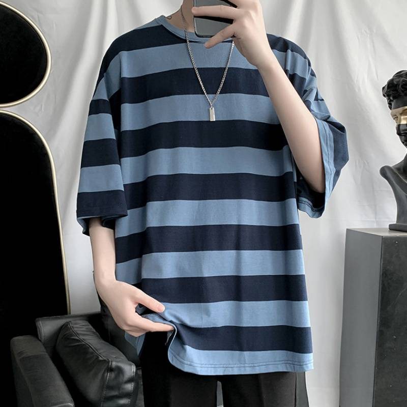 Áo thun cổ tròn dáng rộng kẻ sọc ngang trẻ trung phong cách Nhật Bản dành cho nam size S-3XL | BigBuy360 - bigbuy360.vn