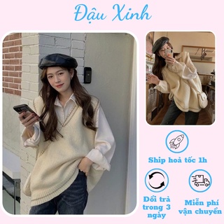 Áo gile len nam nữ hàn quốc cổ v kèm viền cổ form rộng - 006