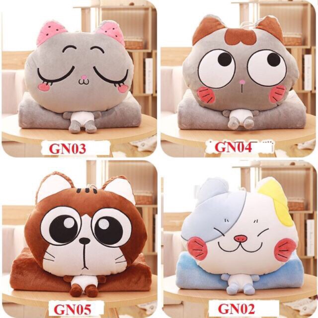 GỐI CHĂN Mèo Con 3 Trong 1 Xinh Xắn, Cute, Siêu Mịn, Gối Văn Phòng