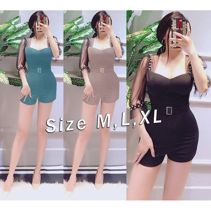 Jumpsuit short ren cổ tim tay phối lưới kết hạt thiết kế cao cấp