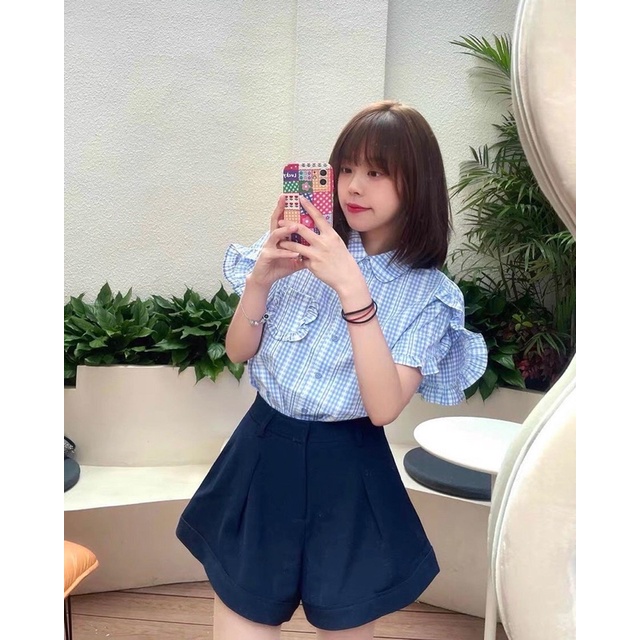 SET ÁO SƠ MI CARO TAY VIỀN BÈO + SHORT XANH