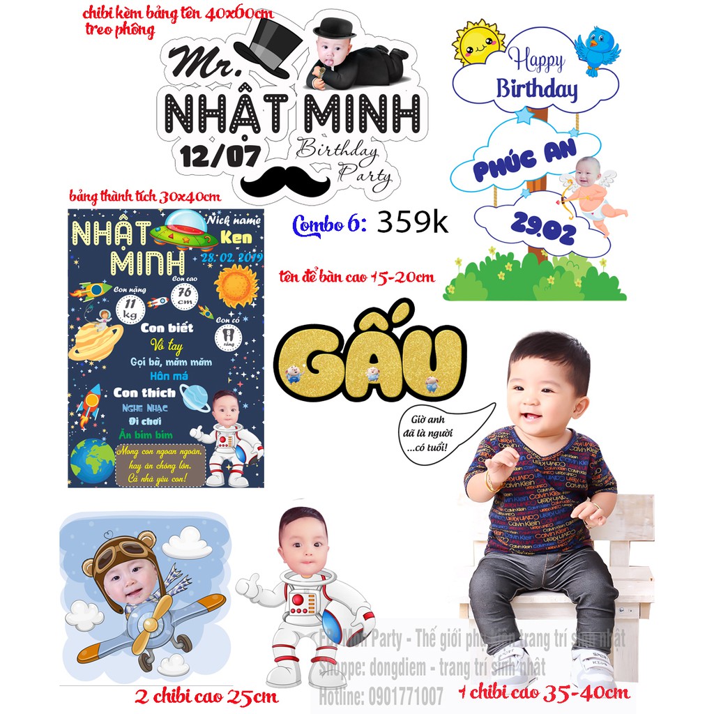 Combo hình chibi, bảng tên, welcome sinh nhật, trang trí sinh nhật bàn tiệc thiết kế riêng theo mỗi bé