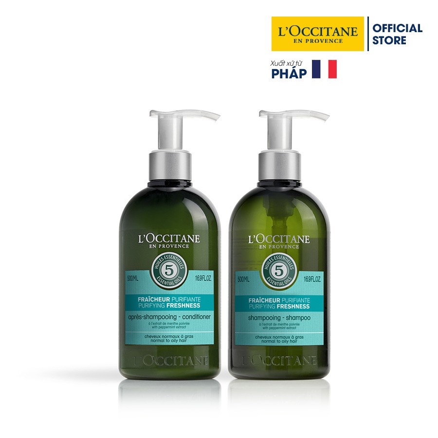 Bộ sản phẩm gội xả dành cho tóc dầu L'Occitane Purifying Shapoo 500ml &amp; Conditioner 500ml
