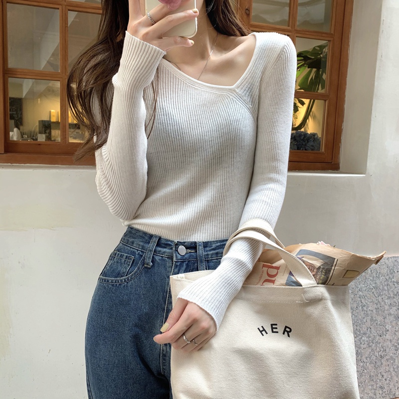 【out of stock】Áo dệt kim 45504 tay dài cổ lệch màu trơn phong cách thanh lịch dễ thương cho nữ | BigBuy360 - bigbuy360.vn