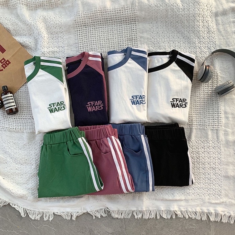 Bộ thể thao nam nữ Unisex- áo thêu chữ phối màu quần đùi 3 sọc chất cotton mát mịn phong cách ulzzang hàn quốc