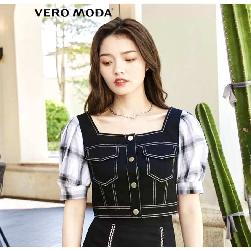 Vero Moda Áo vaor jean kiểu cổ vuông tay phối