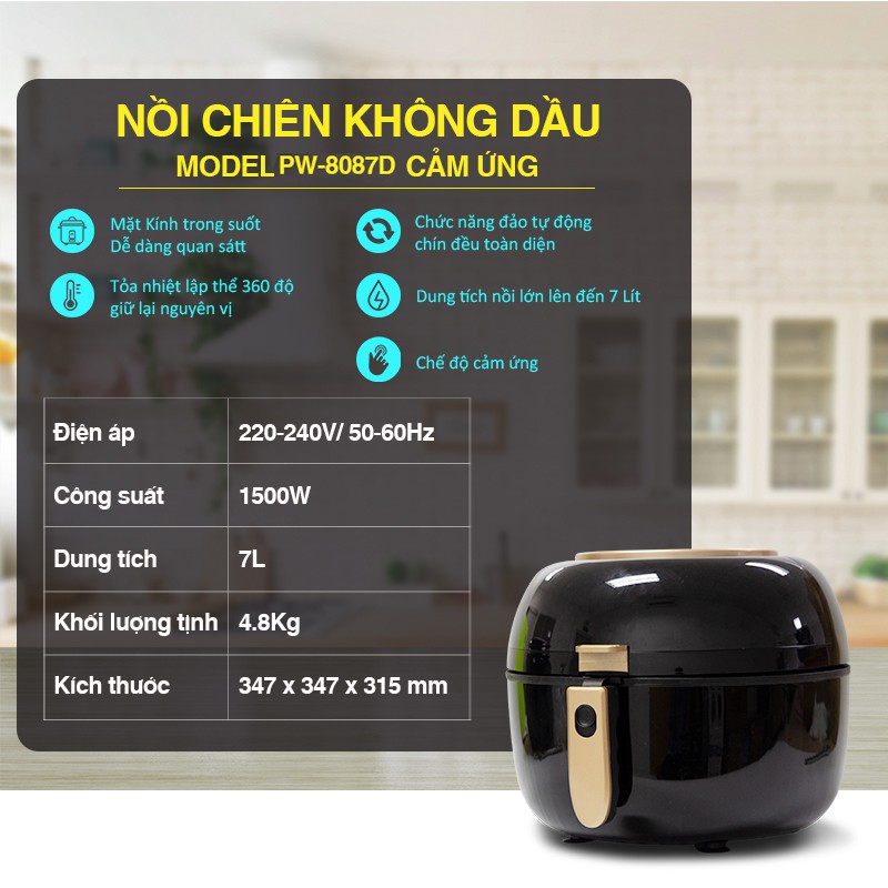 Nồi Chiên Không Dầu Mobell PW-8087D 7L Điều Khiển Cảm Ứng 1500W - Bảo Hành 12 Tháng