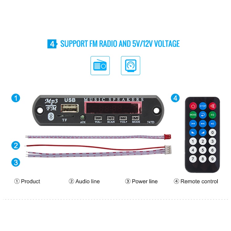 Bảng Mạch Giải Mã Âm Thanh 5V 12V Bluetooth 5.0 MP3 WMA USB TF FM Radio Màn Hình Màu Cho Xe Hơi