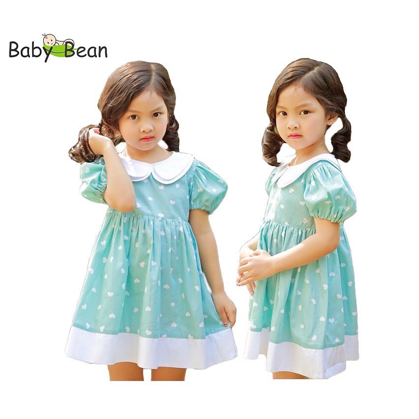 [MÃ THƯƠNG HIỆU UY TÍN Voucher giảm 10%] Đầm Cotton Cổ Sen 2 Lá Họa Tiết Trái Tim Bé Gái BabyBean