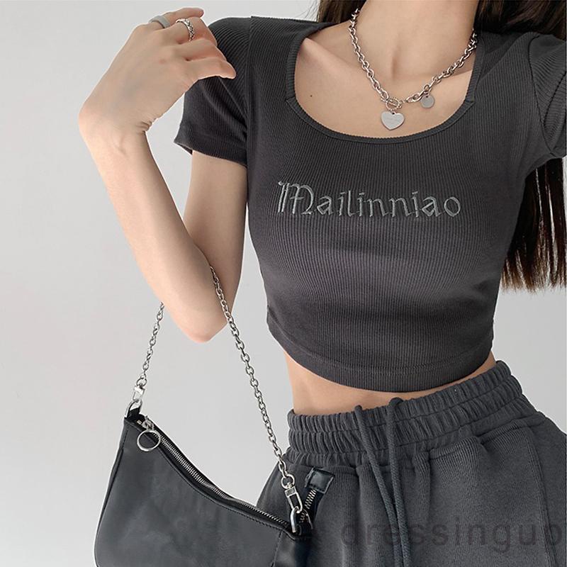 Áo croptop dệt kim tay ngắn cổ vuông thêu chữ thời trang mùa hè cho nữ