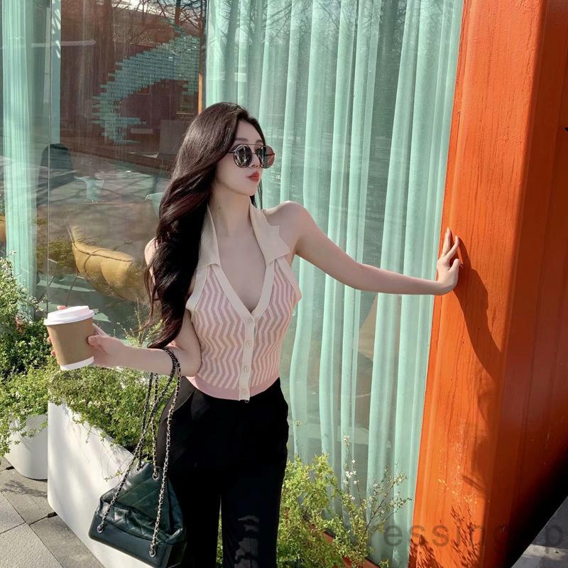 Áo Croptop Không Tay Cài Nút In Họa Tiết Kẻ Sọc Gợn Sóng Cho Nữ