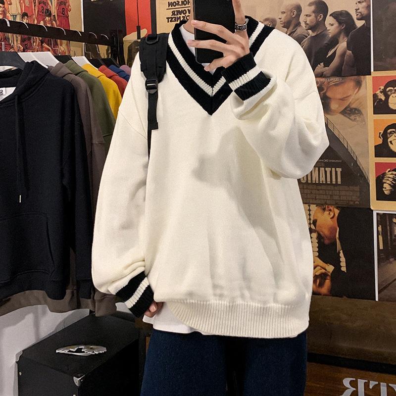 Áo sweater dệt kim cổ chữ V dáng rộng ghép màu dành cho nam sinh