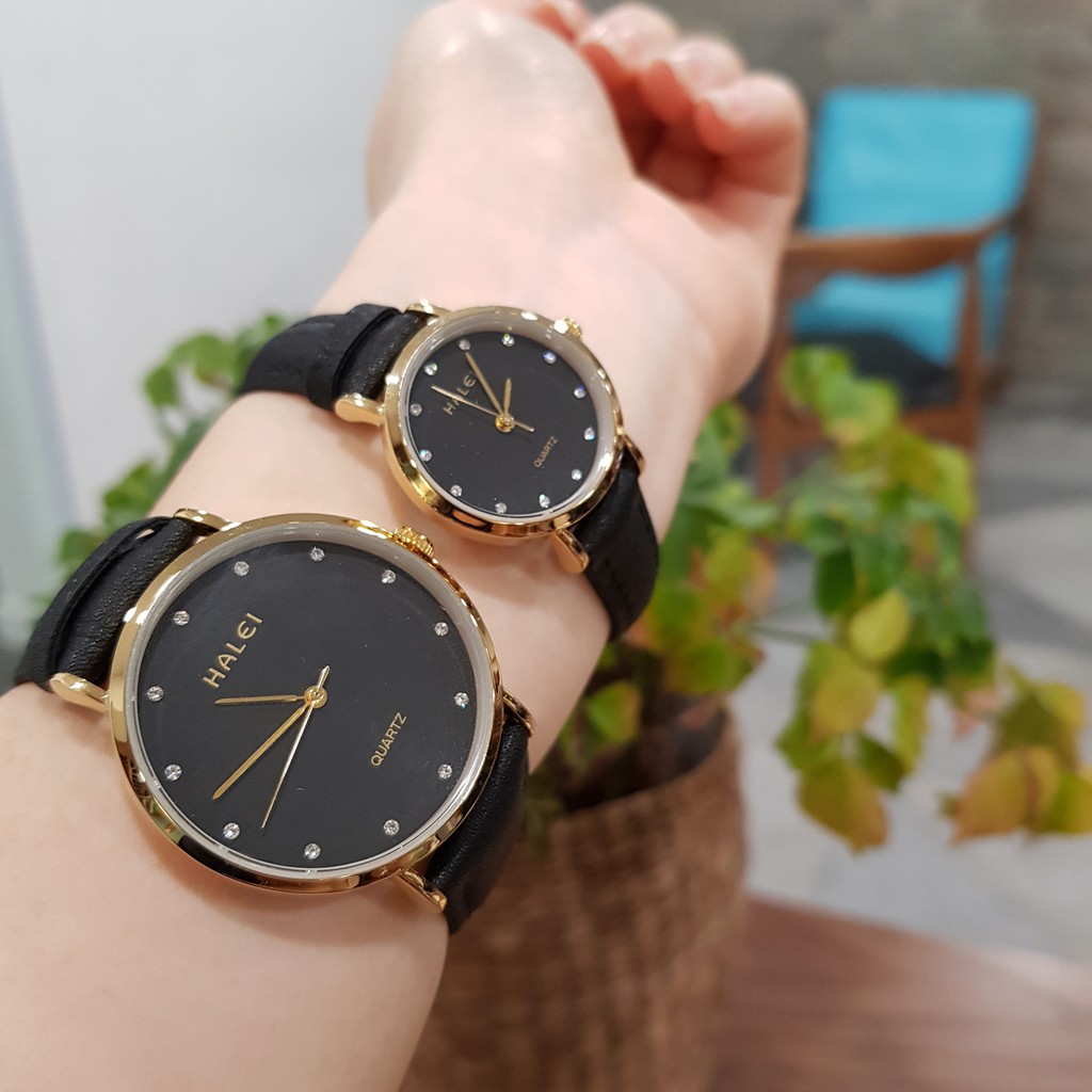 Đồng hồ cặp đôi nam nữ Halei mặt đá dây da đen chính hãng Tony Watch 68 | BigBuy360 - bigbuy360.vn