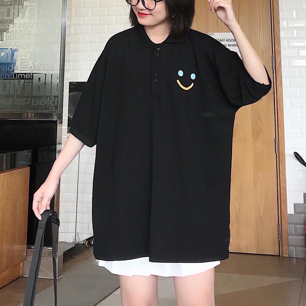 Áo polo YAYSHOP in mặt cười tay lỡ dáng rộng chất cá sấu cotton (form unisex)