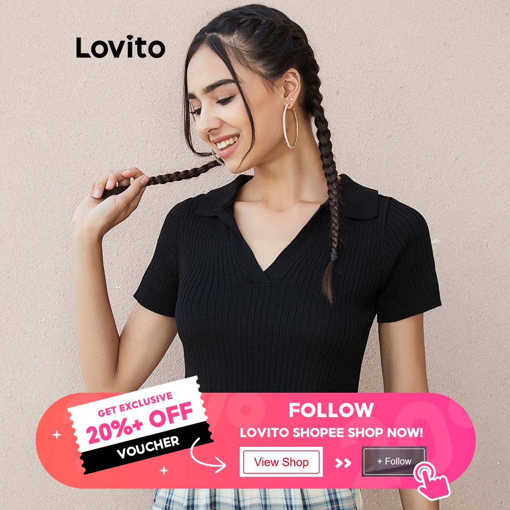 Áo croptop Lovito có cổ thời trang L02083 (Màu đen) | BigBuy360 - bigbuy360.vn