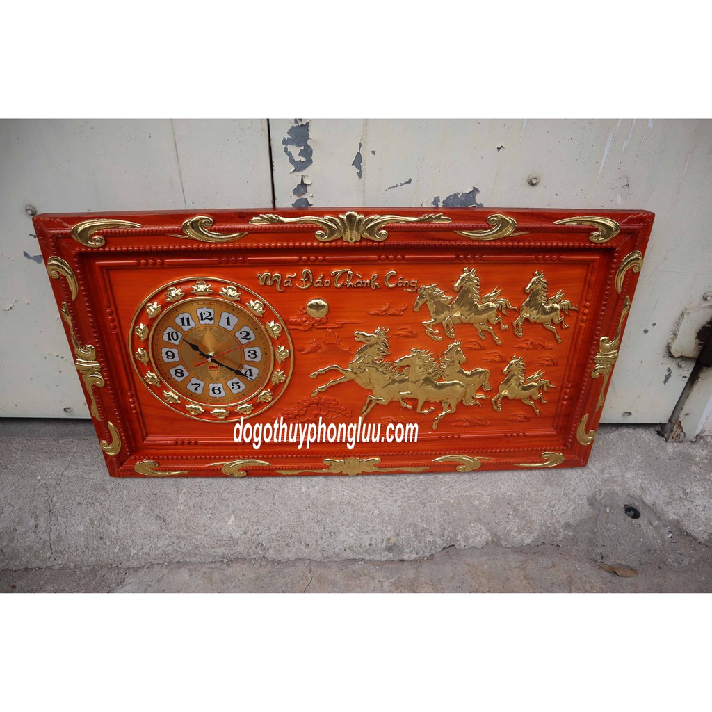 Tranh đồng hồ bát mã,Mã đáo thành công gỗ hương cao cấp cỡ 85x45x5