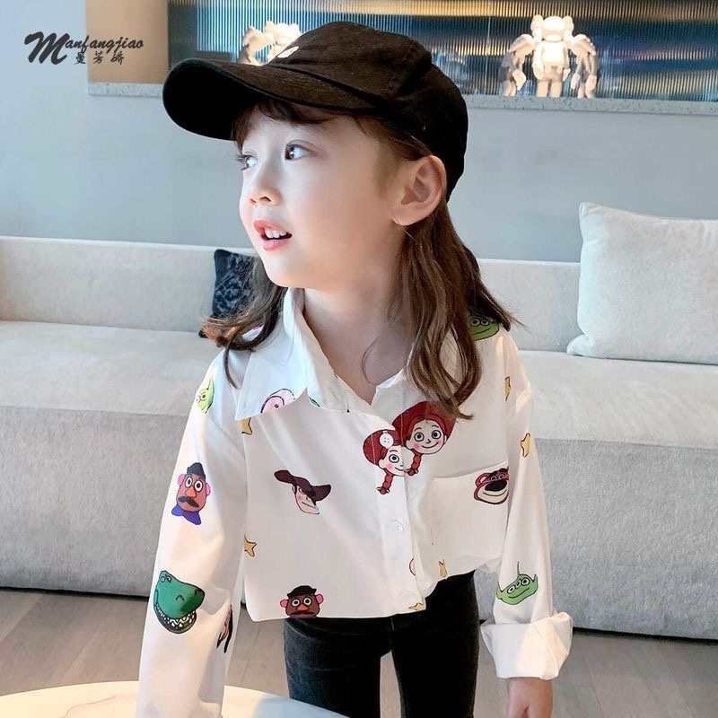 Áo sơ mi trắng dài tay in họa tiết dễ thương cho bé gái cao 90-150cm, nặng 10-35kg