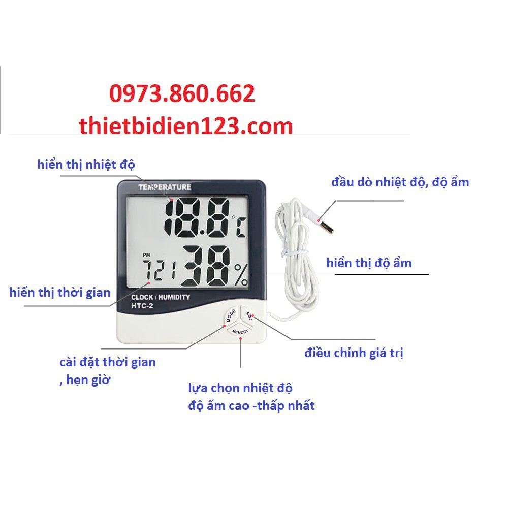 Đồng hồ hiển thị nhiệt độ, độ ẩm có đầu dò độ ẩm -TBĐ