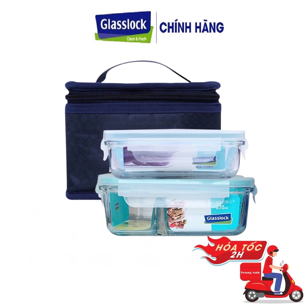 Bộ 2 hộp cơm thuỷ tinh Glasslock có chia ngăn 670ml và 400ml chính hãng tặng kèm túi giữ nhiệt