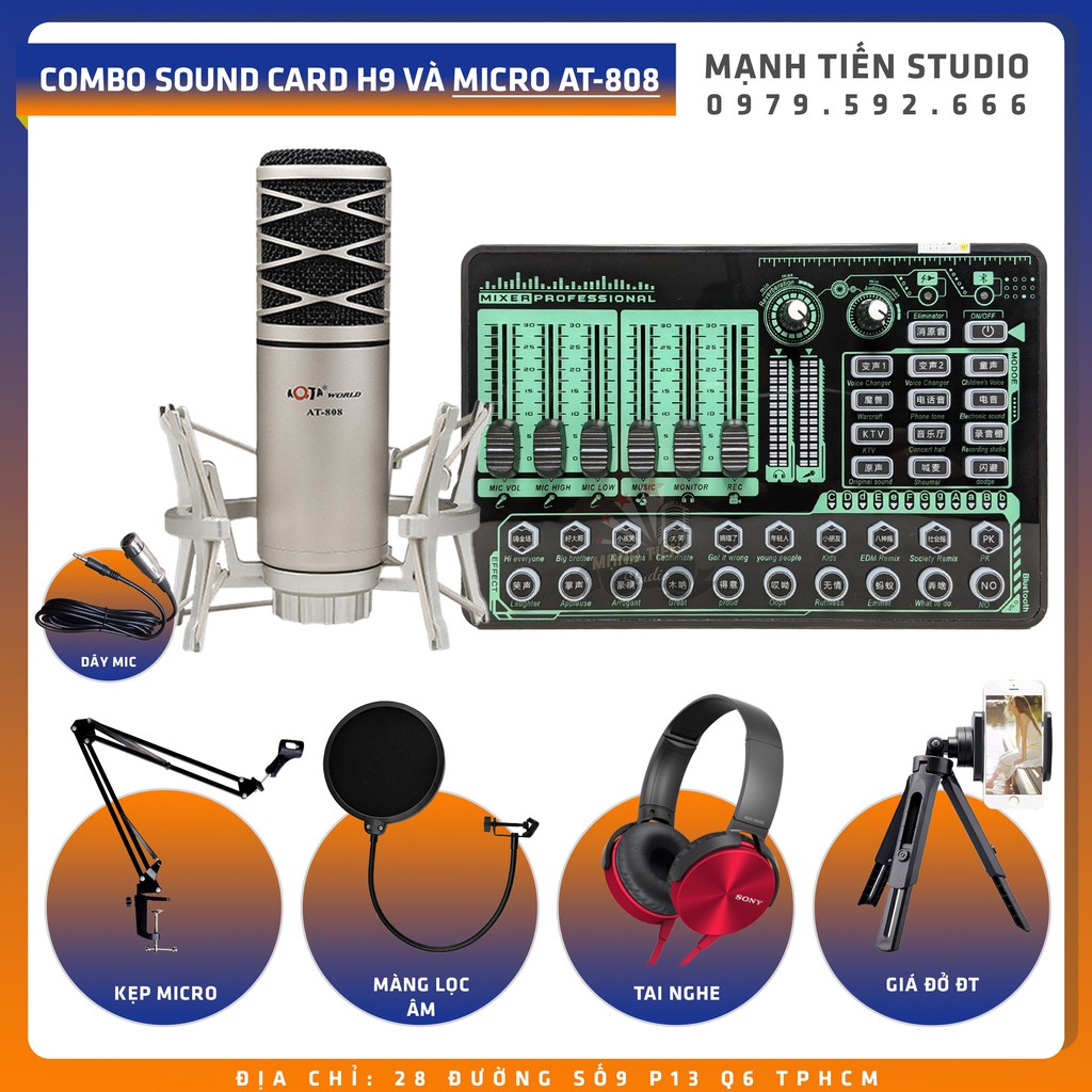 Combo thu âm, livestream Micro AQTA AT-808, Sound card H9 - Kèm full phụ kiện kẹp micro, màng lọc, tai nghe