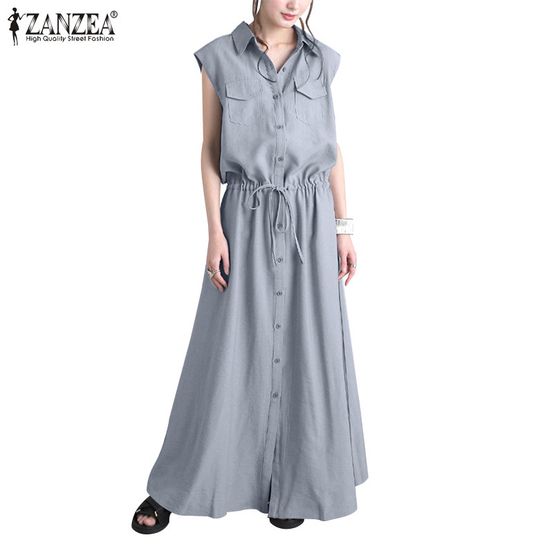 Đầm dài ZANZEA dài dây rút không tay thời trang đường phố mùa hè cho nữ