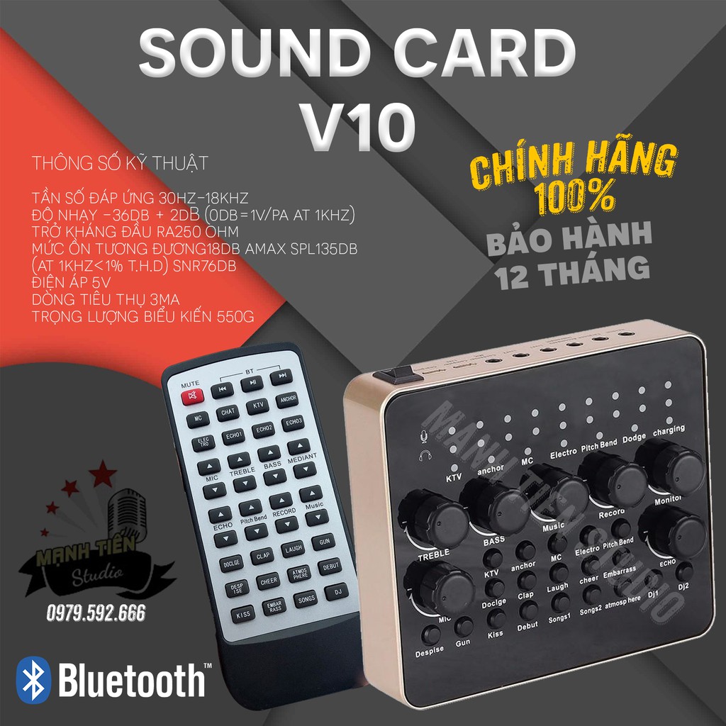 Sound Card V10 - Sound Card Thu Âm, Live Stream, Karaoke, Có Bluetooth, AutoTune, Giả Dọng, Tặng Kèm Remote