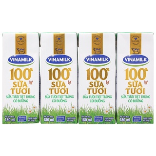 Lốc 4 hộp sữa 100% bò có đường 180ml