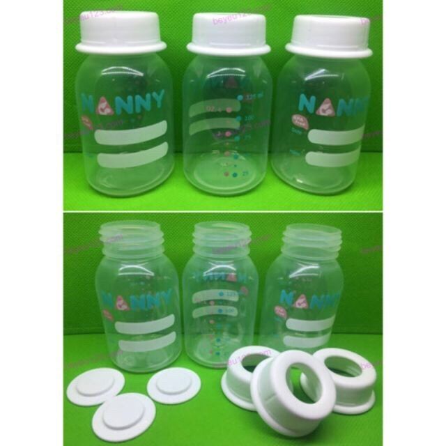 Bộ 3 bình trữ sữa Nanny 125ml, nắp lắp núm ti tiện dụng, made in Thái Lan, tặng núm ti