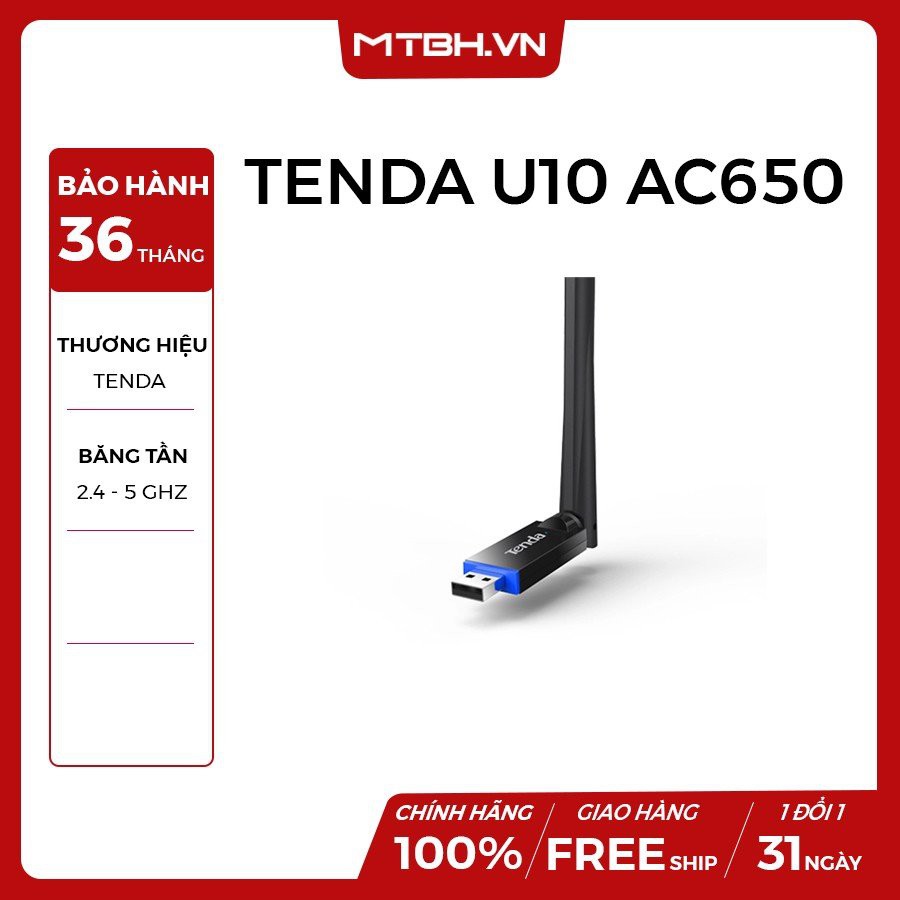 USB THU WIFI TENDA U10 AC650 BĂNG TẦN KÉP CÔNG SUẤT CAO