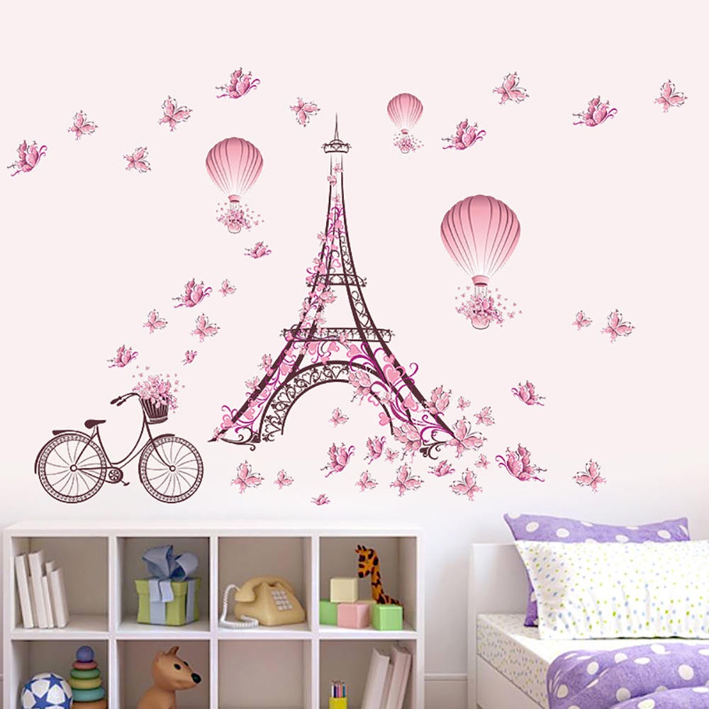 Lifedecor SunYard Romantic Paris Wall Sticker Kids Room Eiffel Tower Butterfly Wall Decal 100 * 65cm