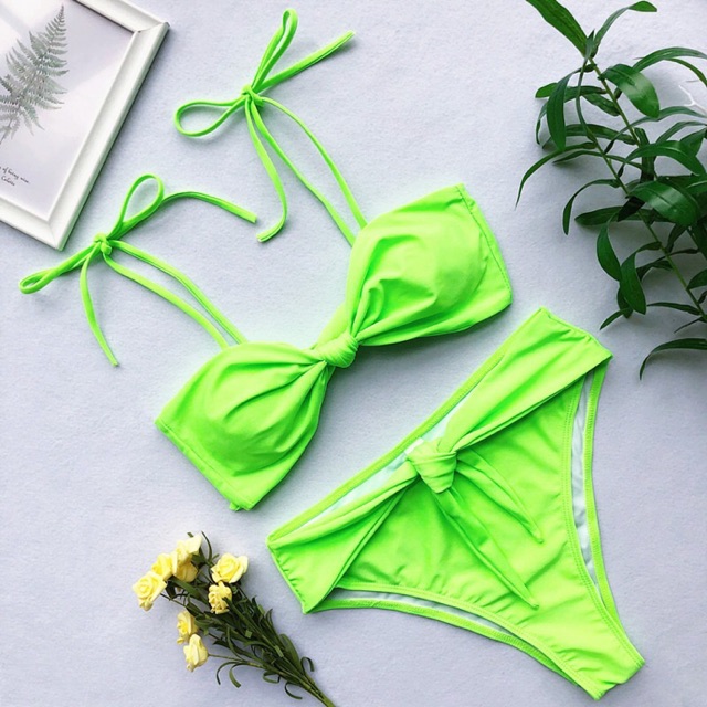 [BKN270] &lt;ÂU&gt; SET BIKINI XANH NEON NƠ VAI (CẠP CAO)