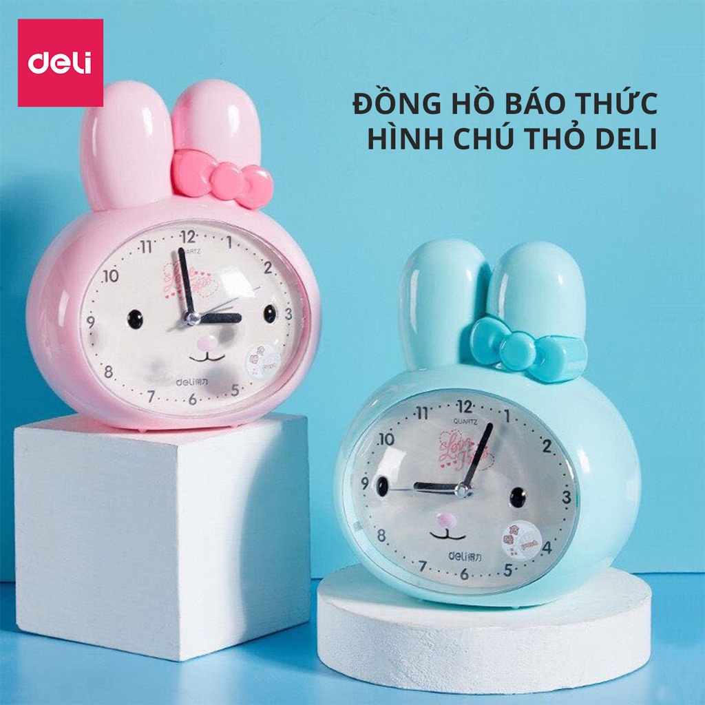 Đồng hồ báo thức để bàn hình con thỏ dễ thương Deli - Chuông kêu to, tích hợp đèn ngủ, thiết kế phong cách Hàn Quốc 8803