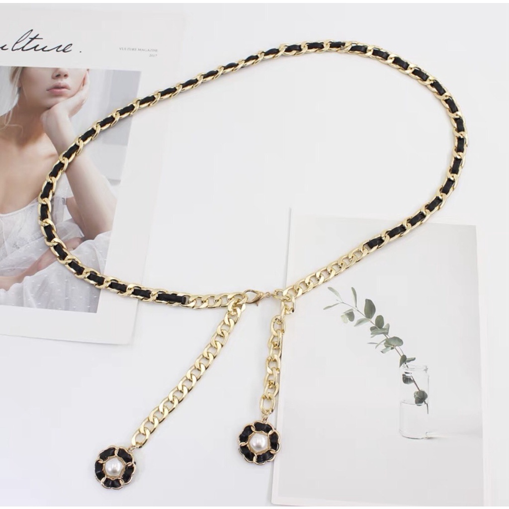 Đai váy belt xích phối da hoa ngọc trai hàng cao cấp loại 1