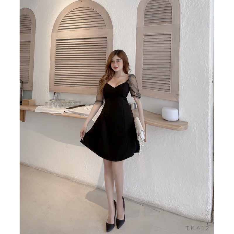 Đầm đen xoè nhẹ tay đính ngọc đi tiệc, đi làm