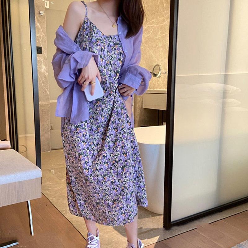 Korean Fashion Wild Floral Slim Retro V-Neck Oil Painting Picture Color Sling Dress
