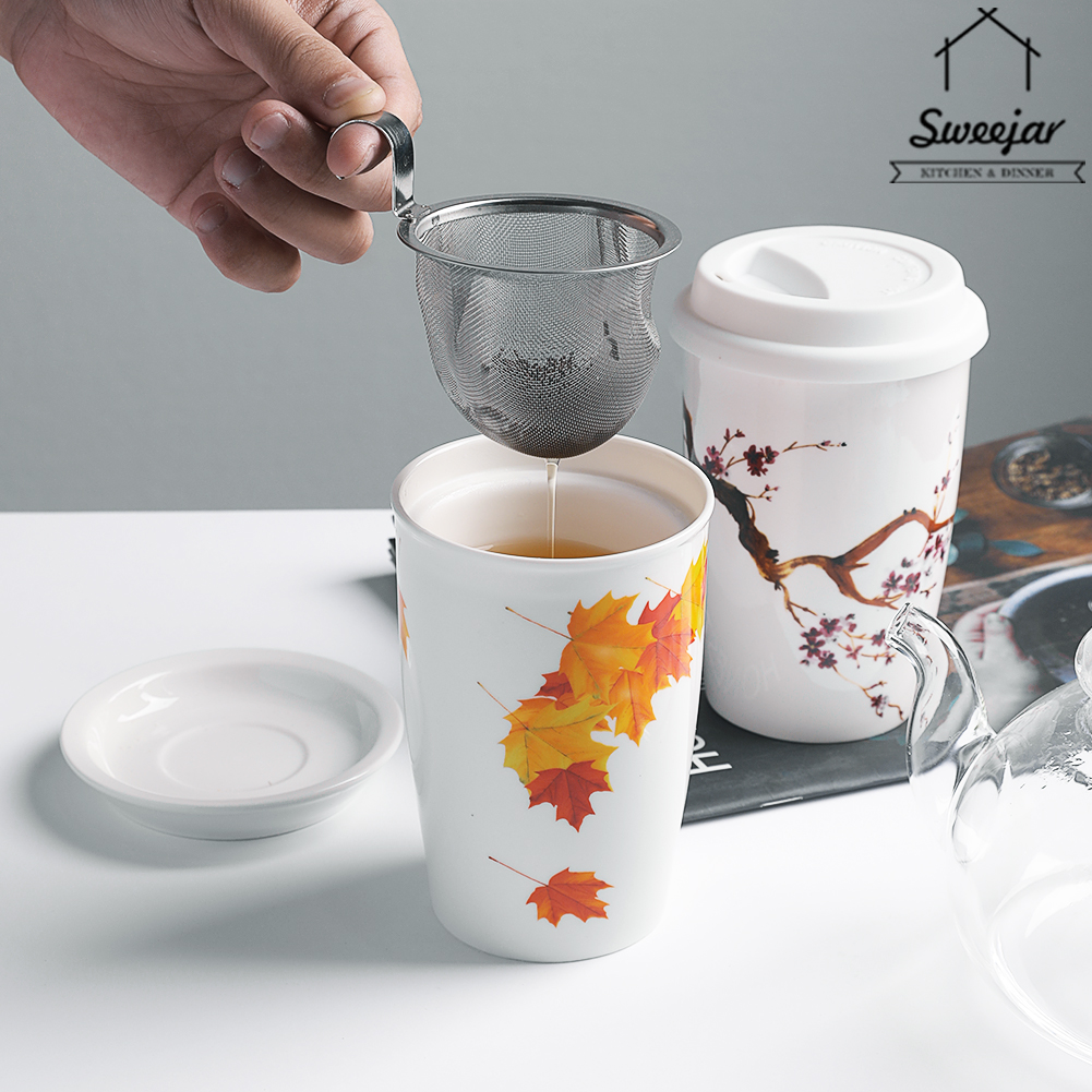 Cốc SWEEJAR lọc trà cà phê hai lớp bằng gốm và thép không gỉ có nắp bền bỉ tiện lợi cho văn phòng