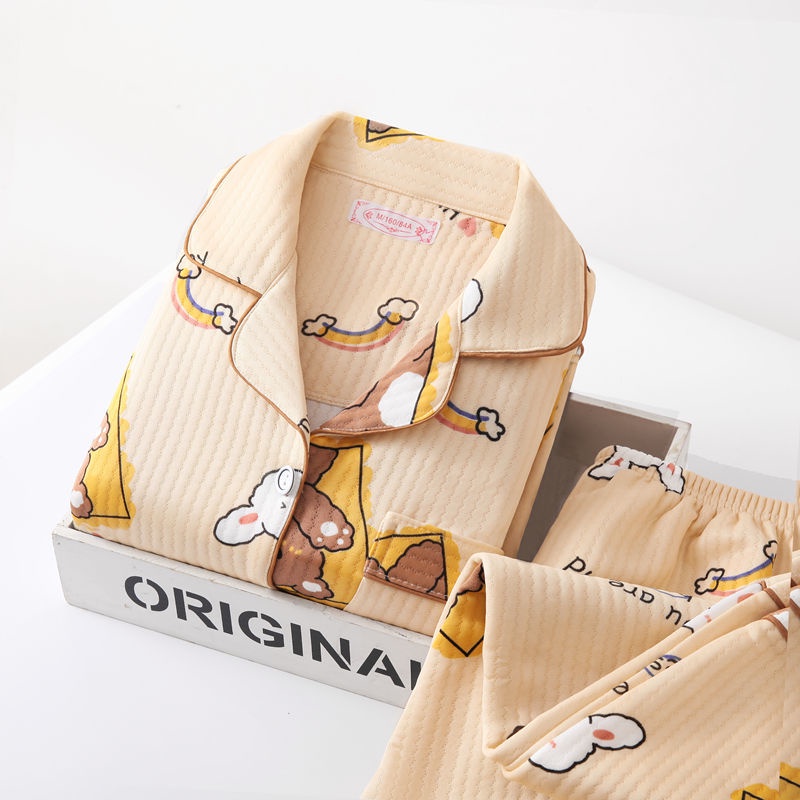 Bộ Đồ Ngủ Cotton Dày Ba Lớp Giữ Ấm Mùa Thu Đông Hàng Mới Dành Cho Bạn Nữ Mặc Trong Nhà