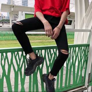 Quần Jean Nam Skinny Cao Cấp Co Giãn Nhẹ , from dáng chuẩn Hàn Quốc mẫu rách gối rách gấu màu đen