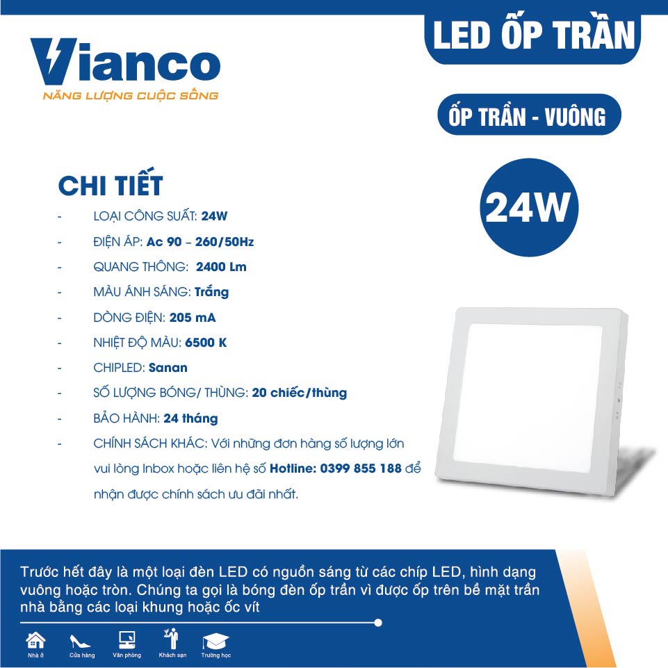 Đèn Led Ốp Trần VIANCO Thiết Kế Hai Kiểu Dáng Vuông Và Tròn Thanh Lịch, Tiết Kiệm Điện Năng