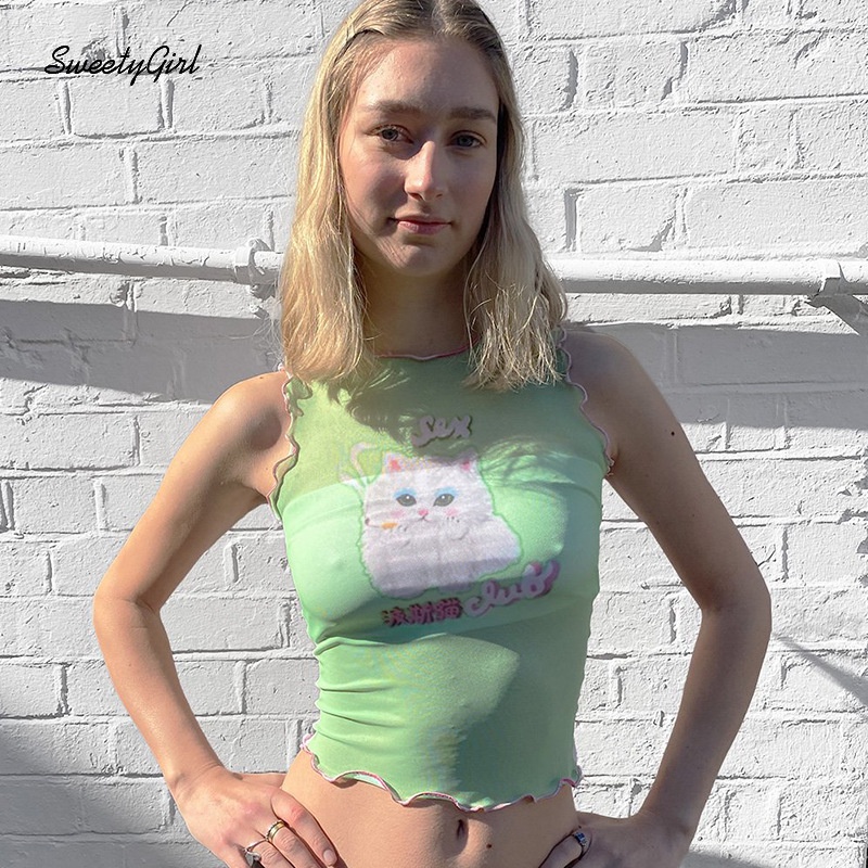 Áo Tank Top Cổ Tròn In Họa Tiết Mèo Hoạt Hình Màu Xanh Lá Sáng Thời Trang 2022 Cho Nữ