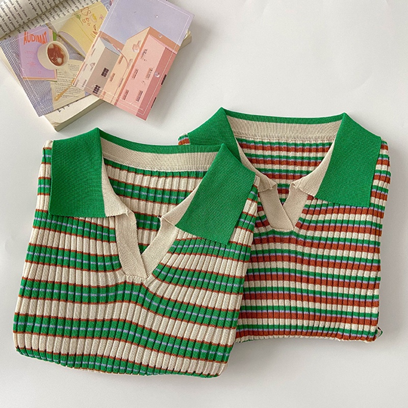 Áo Croptop Len Mongtoghi Kẻ Cổ Bẻ Cộc Tay Co Giãn Thời Trang Sugal TOP NU 049