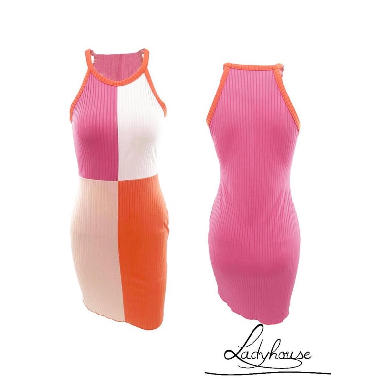 Ldd-đầm Body Dệt Kim Hai Dây Ôm Dáng Ngắn Không Tay Ghép Vải Lạnh Cổ Tròn Mùa Hè Cho Nữ