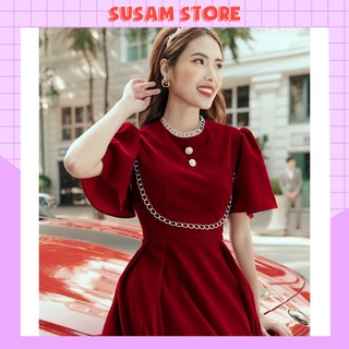 Váy dự tiệc tay bồng xoè đính cúc ngọc váy nhung đỏ SS029