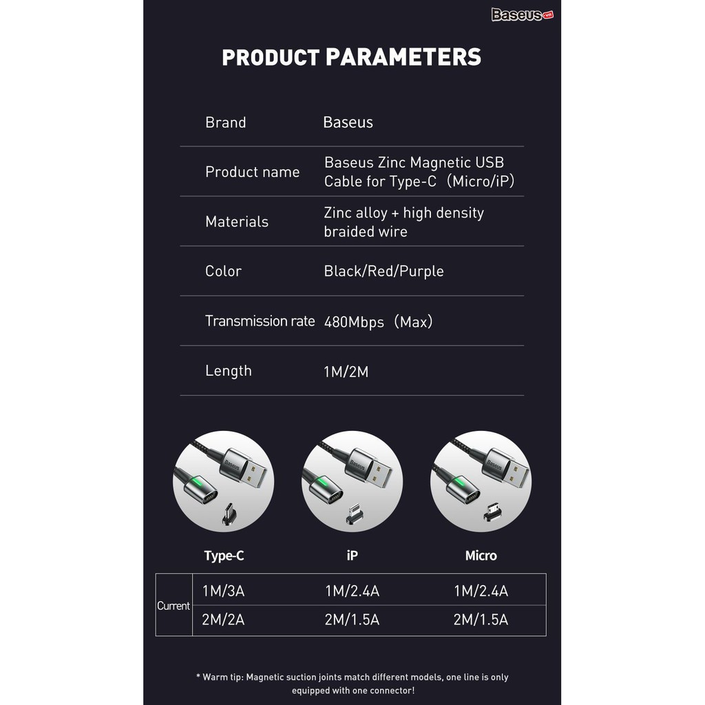 Dây sạc nam châm 3 đầu Baseus - Cáp từ tính - Hỗ trợ sạc nhanh - Chống bụi - Chống rò điện - LED -  Bảo hành 12 tháng