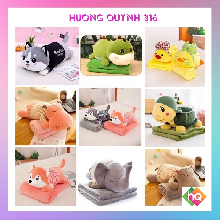 (HQ)Bộ chăn gối văn phòng gấu bông khủng long, hà mã, heo xinh 60cm siêu đáng yêu