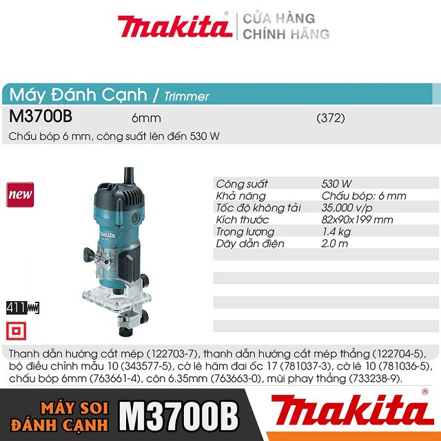 [Chính Hãng] Máy Phay (Đánh) Cạnh Makita M3700B (530W-6MM) Bảo Hành Tại Các TTBH Toàn Quốc